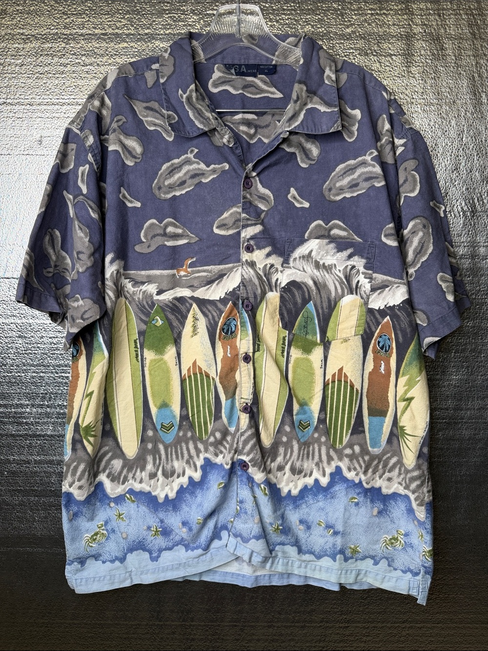 Vintage Camp Button Down Surfboard Print Short Sleeve Shirt - Navy/Blue
